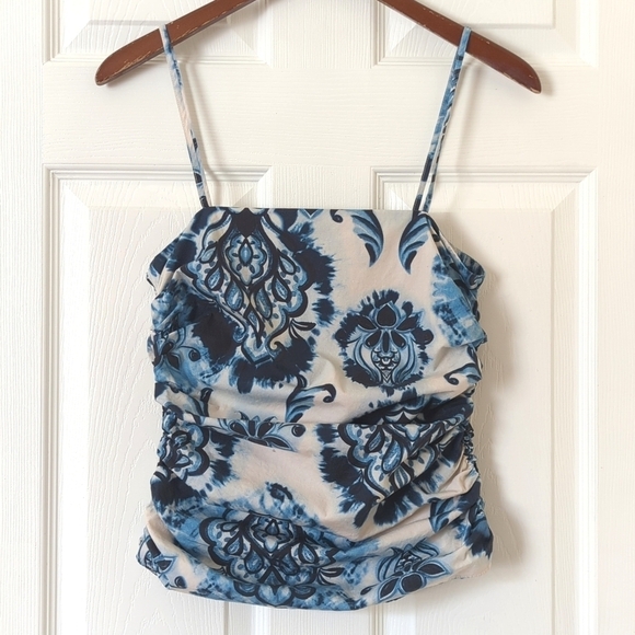 Zara Tie Dyed & Paisley Printed Square Neck Ruched Side Tank Top Blue Beige S - Picture 9 of 10